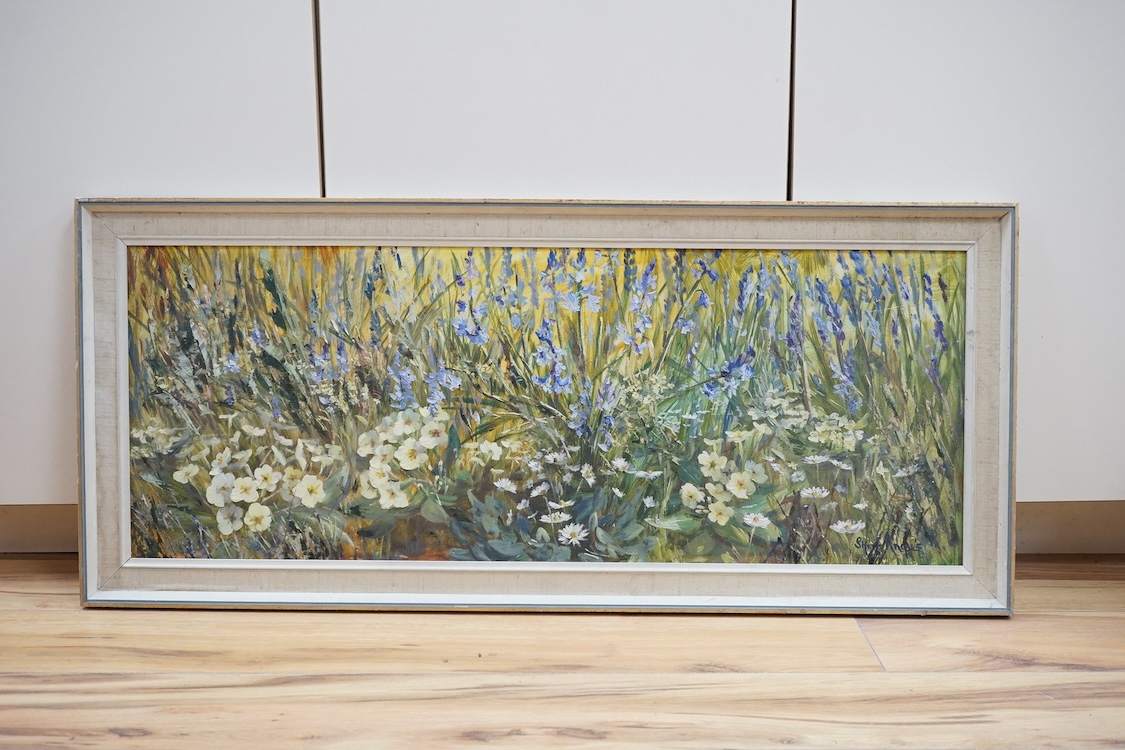 Sheila Angus (20th. C), oil on board, ‘May Flowers’, signed, 34 x 90cm. Condition - fair/good